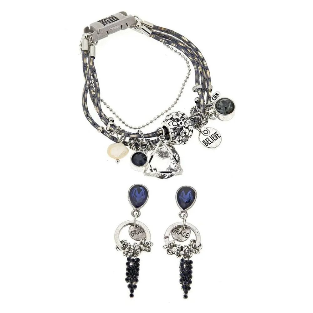 Good Work(s) "Amity" Black Silvertone Earrings and 4-Row Bracelet Set